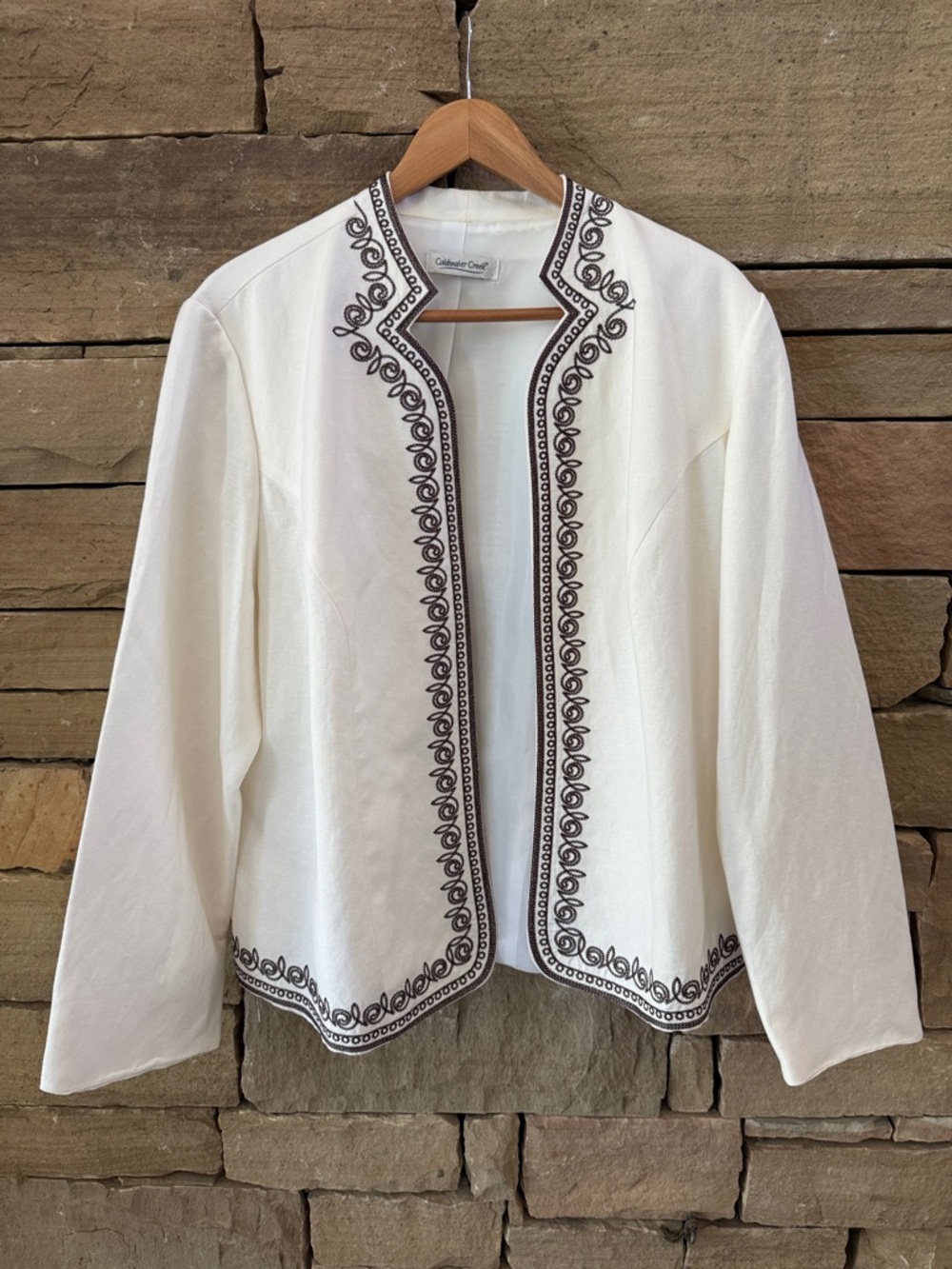 Coldwater Creek Ivory Linen Blend Open Jacket w Brown Edge Embroidery, Lined